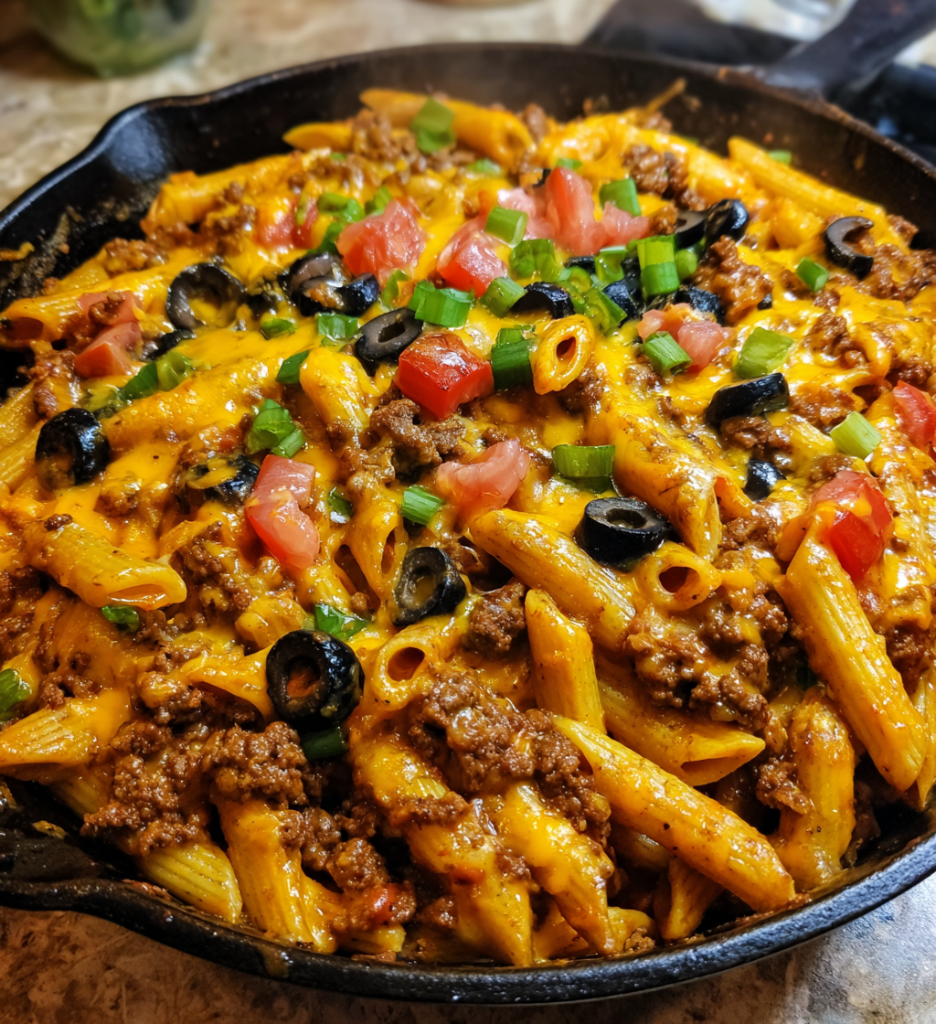 One-pot cheesy taco pasta with ground beef, tomatoes, and olives in a cast-iron skillet.