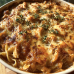 Cheesy Chicken Cordon Bleu casserole with a golden-brown crust and fresh thyme garnish.