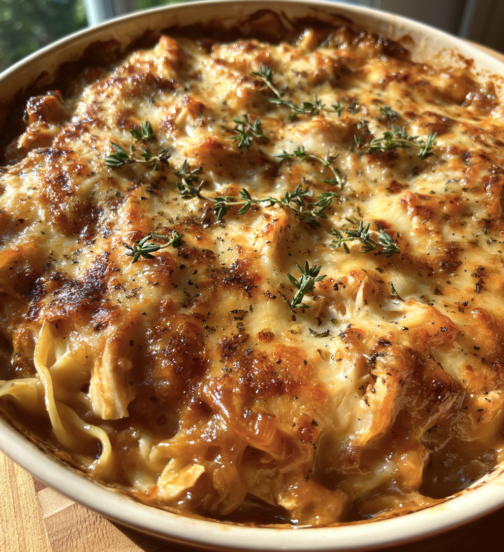 Cheesy Chicken Cordon Bleu casserole with a golden-brown crust and fresh thyme garnish.
