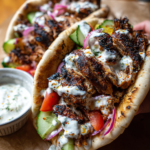 Chicken shawarma pita wraps with creamy garlic sauce, fresh cucumbers, and tomatoes.