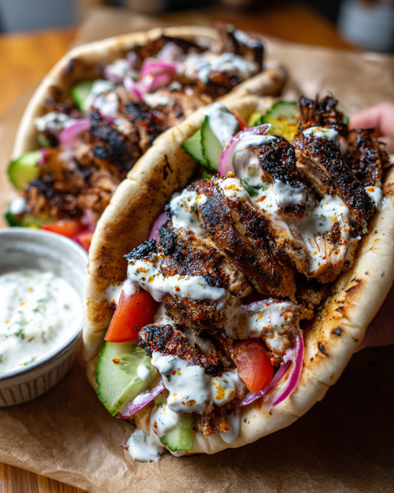 Chicken shawarma pita wraps with creamy garlic sauce, fresh cucumbers, and tomatoes.