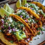 Three chicken street tacos topped with cilantro, red onion, and cheese on corn tortillas.