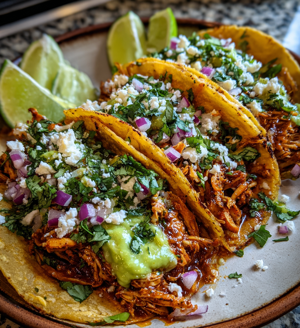 Three chicken street tacos topped with cilantro, red onion, and cheese on corn tortillas.