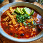 Hearty bowl of chicken tortilla soup topped with fresh avocado, lime, and crispy tortilla strips.