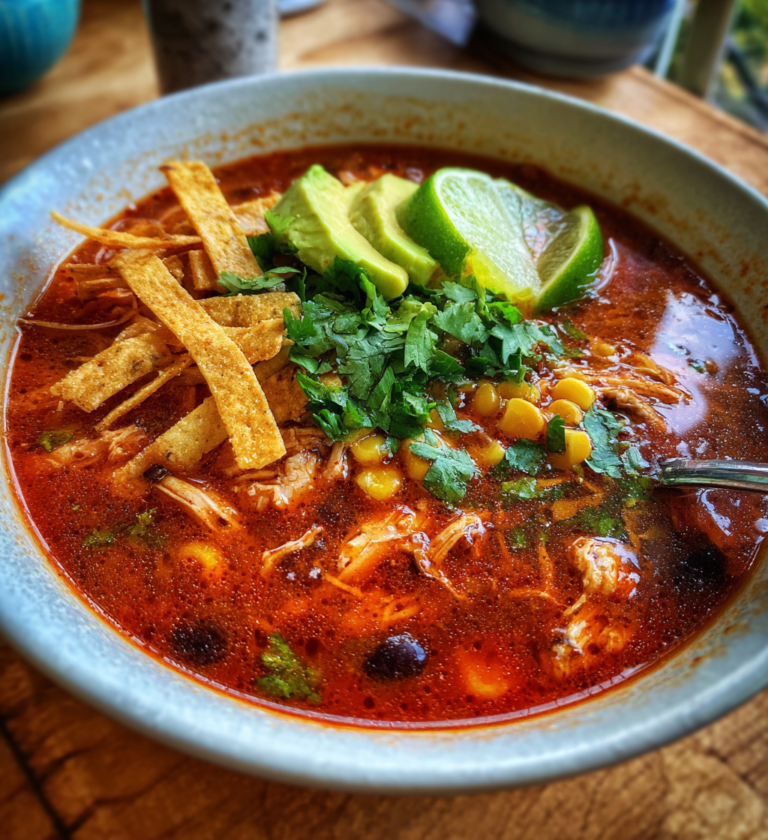Hearty bowl of chicken tortilla soup topped with fresh avocado, lime, and crispy tortilla strips.
