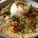 Bowl of creamy coconut chicken and rice topped with chili flakes and fresh cilantro.