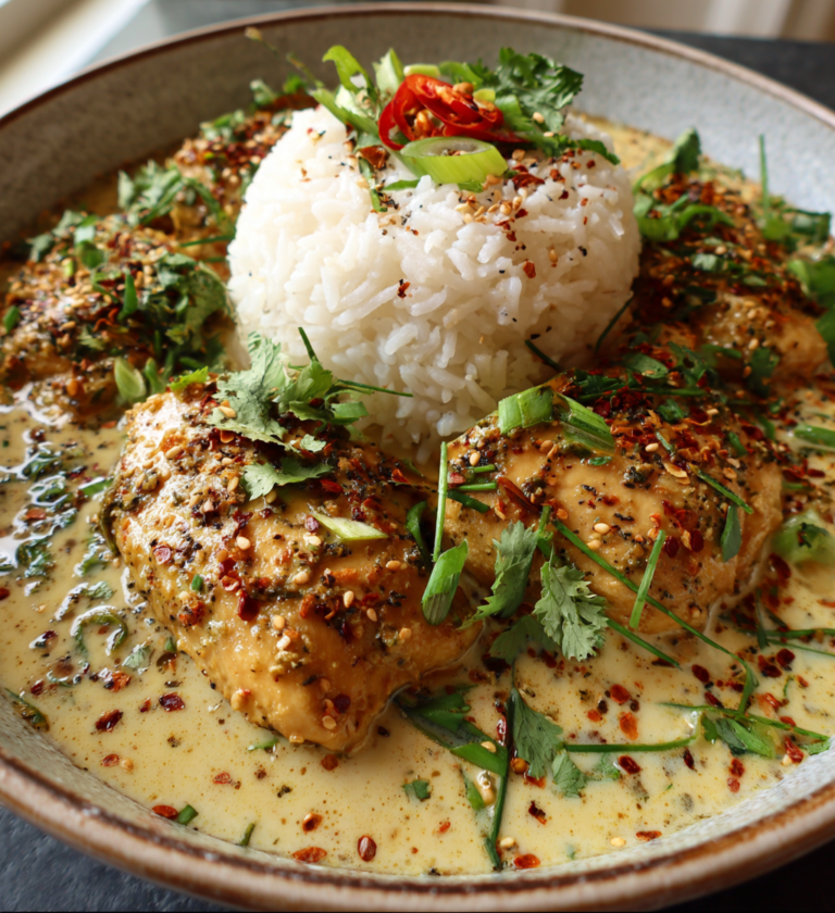 Bowl of creamy coconut chicken and rice topped with chili flakes and fresh cilantro.