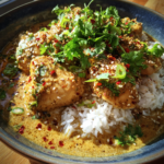 One-pan coconut chicken rice bowl topped with fresh cilantro, sesame seeds, and chili flakes.