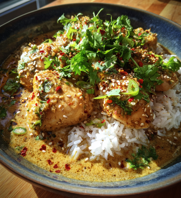 One-pan coconut chicken rice bowl topped with fresh cilantro, sesame seeds, and chili flakes.