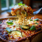 Comforting Stanley Tucci baked spaghetti with melted cheese, zucchini, and fresh basil.