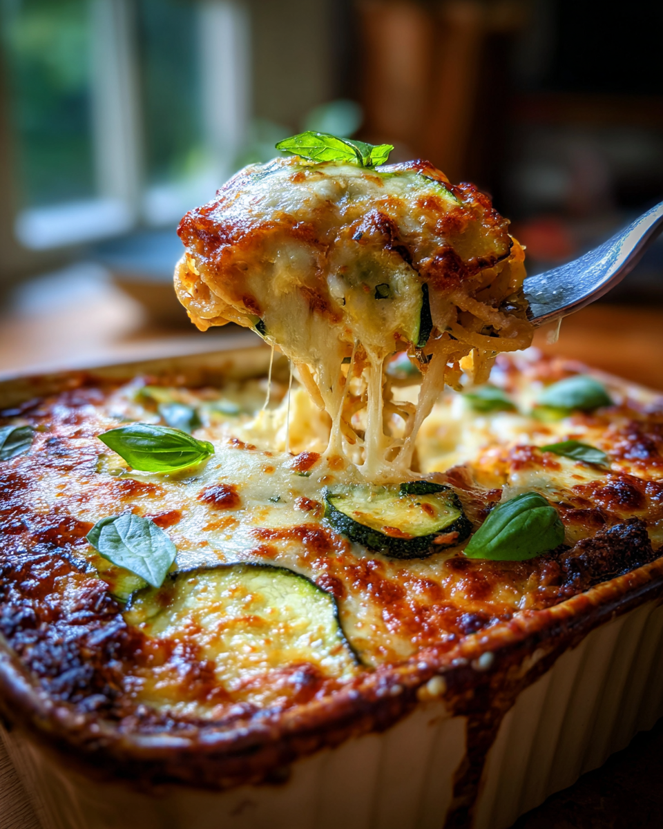 Comforting Stanley Tucci baked spaghetti with melted cheese, zucchini, and fresh basil.