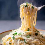 Steaming creamy garlic parmesan spaghetti on a fork topped with parsley and grated cheese.