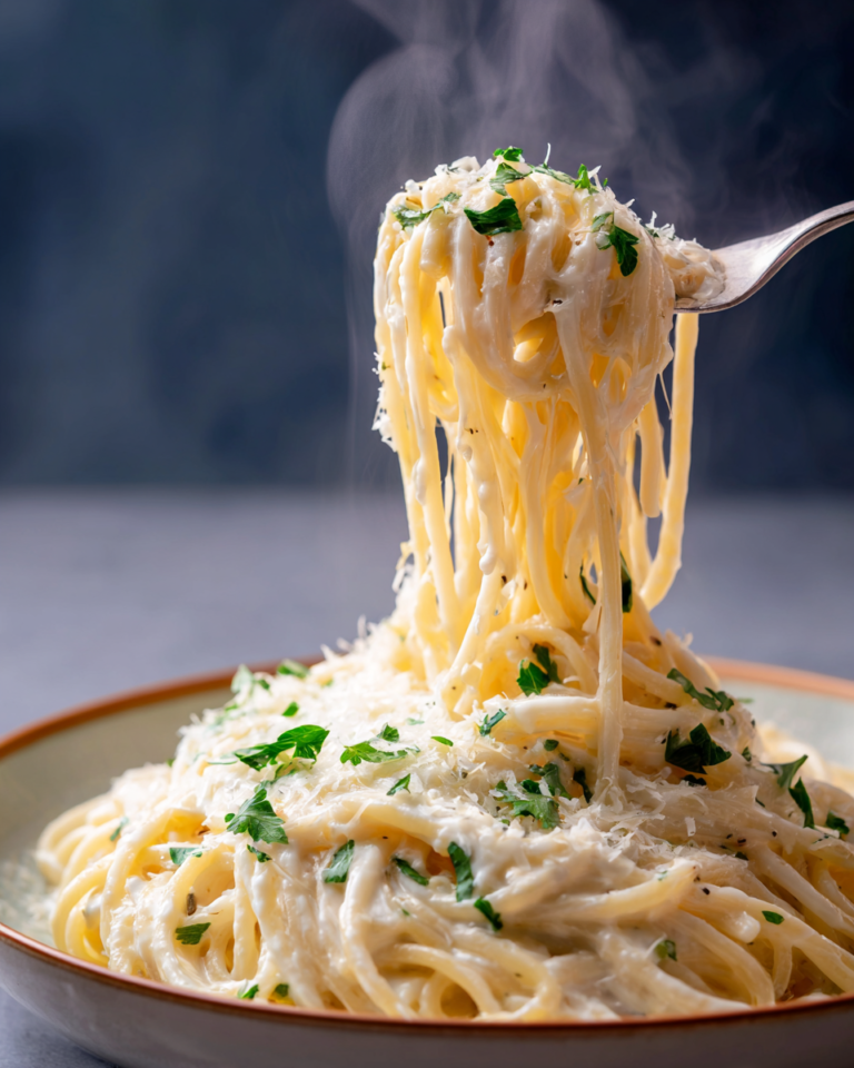 Steaming creamy garlic parmesan spaghetti on a fork topped with parsley and grated cheese.