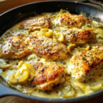 Creamy pepperoncini chicken skillet with seared chicken breasts, sliced peppers, and capers.