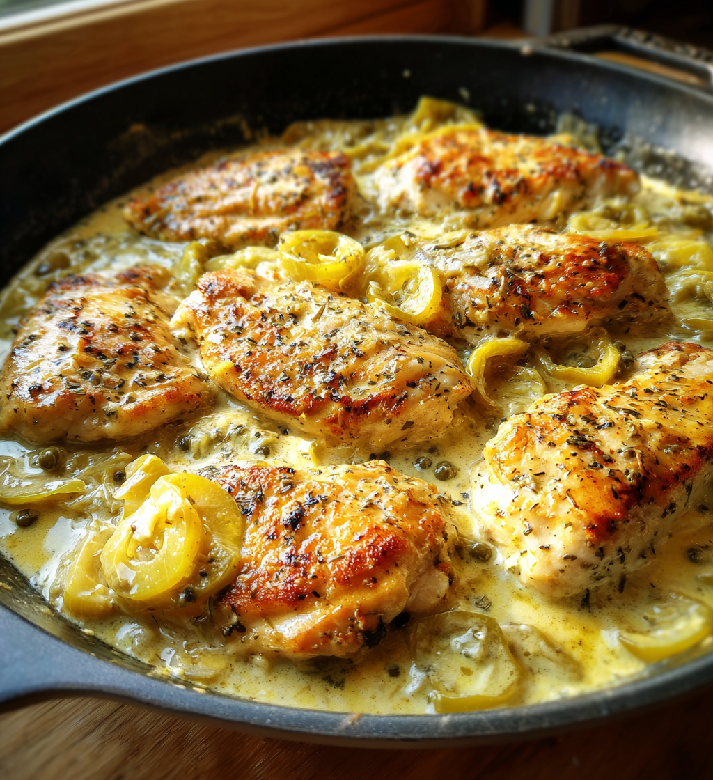 Creamy pepperoncini chicken skillet with seared chicken breasts, sliced peppers, and capers.