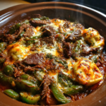 Slow cooker cheesesteak tortellini with sliced beef, green bell peppers, and melted cheese.