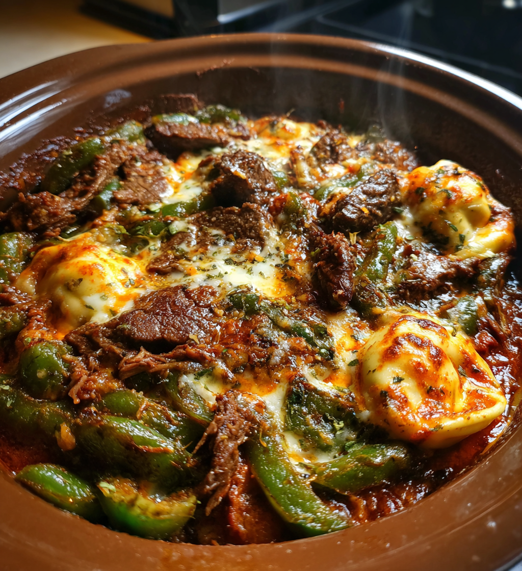 Slow cooker cheesesteak tortellini with sliced beef, green bell peppers, and melted cheese.
