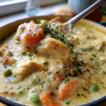 A spoon lifting creamy crustless chicken pot pie filling with carrots, peas, and fresh thyme.