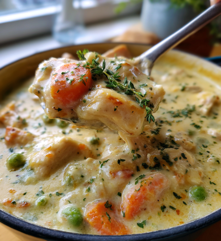 A spoon lifting creamy crustless chicken pot pie filling with carrots, peas, and fresh thyme.