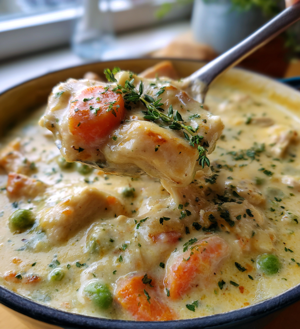 A spoon lifting creamy crustless chicken pot pie filling with carrots, peas, and fresh thyme.