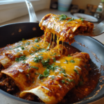 One-pan cheesy ground beef enchiladas in a skillet with melted cheese and fresh cilantro.