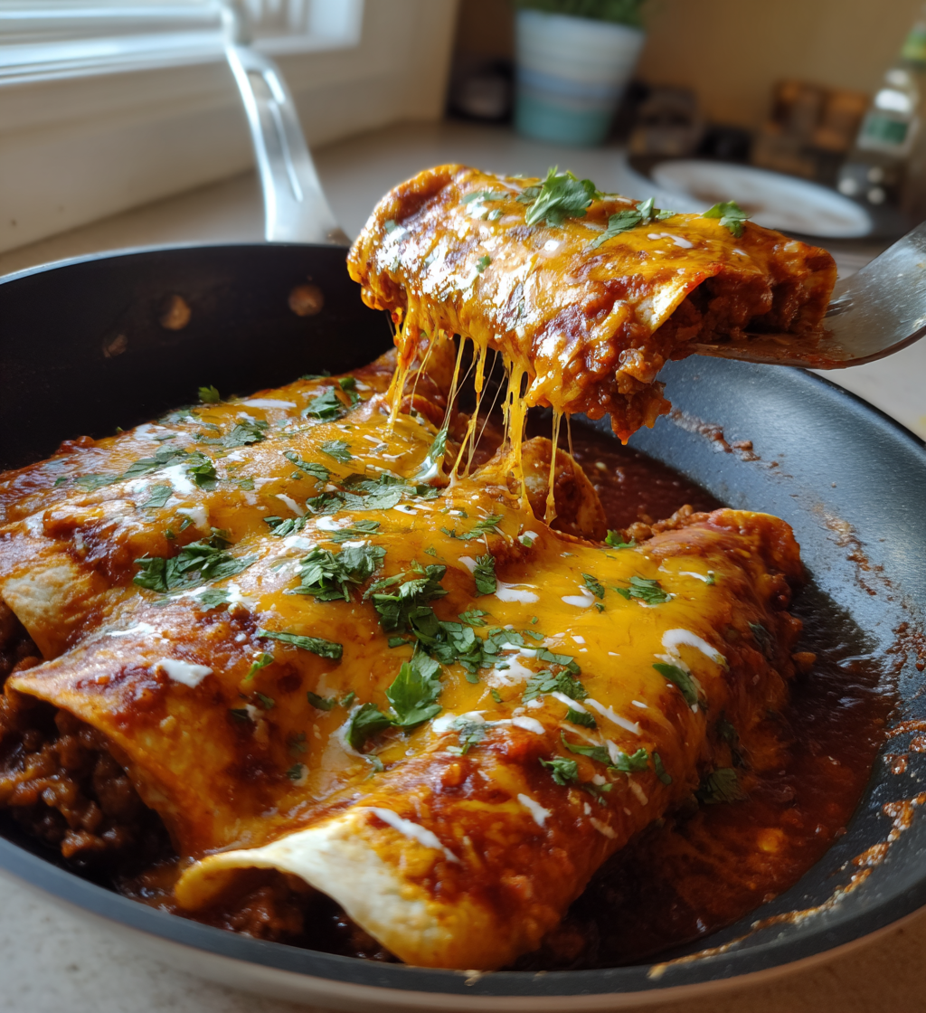 One-pan cheesy ground beef enchiladas in a skillet with melted cheese and fresh cilantro.