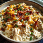 Easy Crock Pot crack chicken topped with melted cheddar cheese, crispy bacon, and green onions.