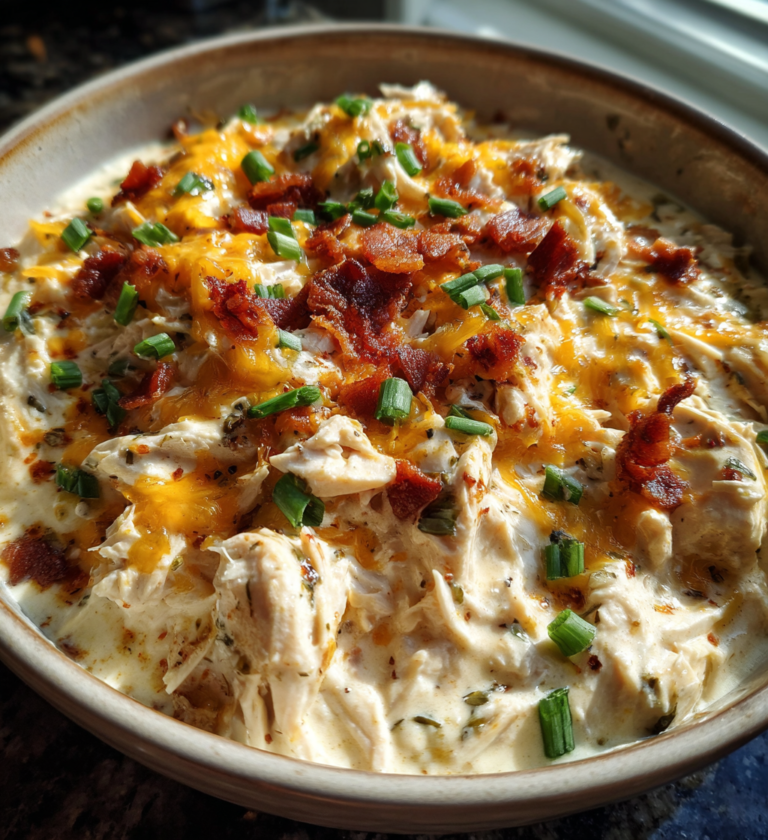 Easy Crock Pot crack chicken topped with melted cheddar cheese, crispy bacon, and green onions.