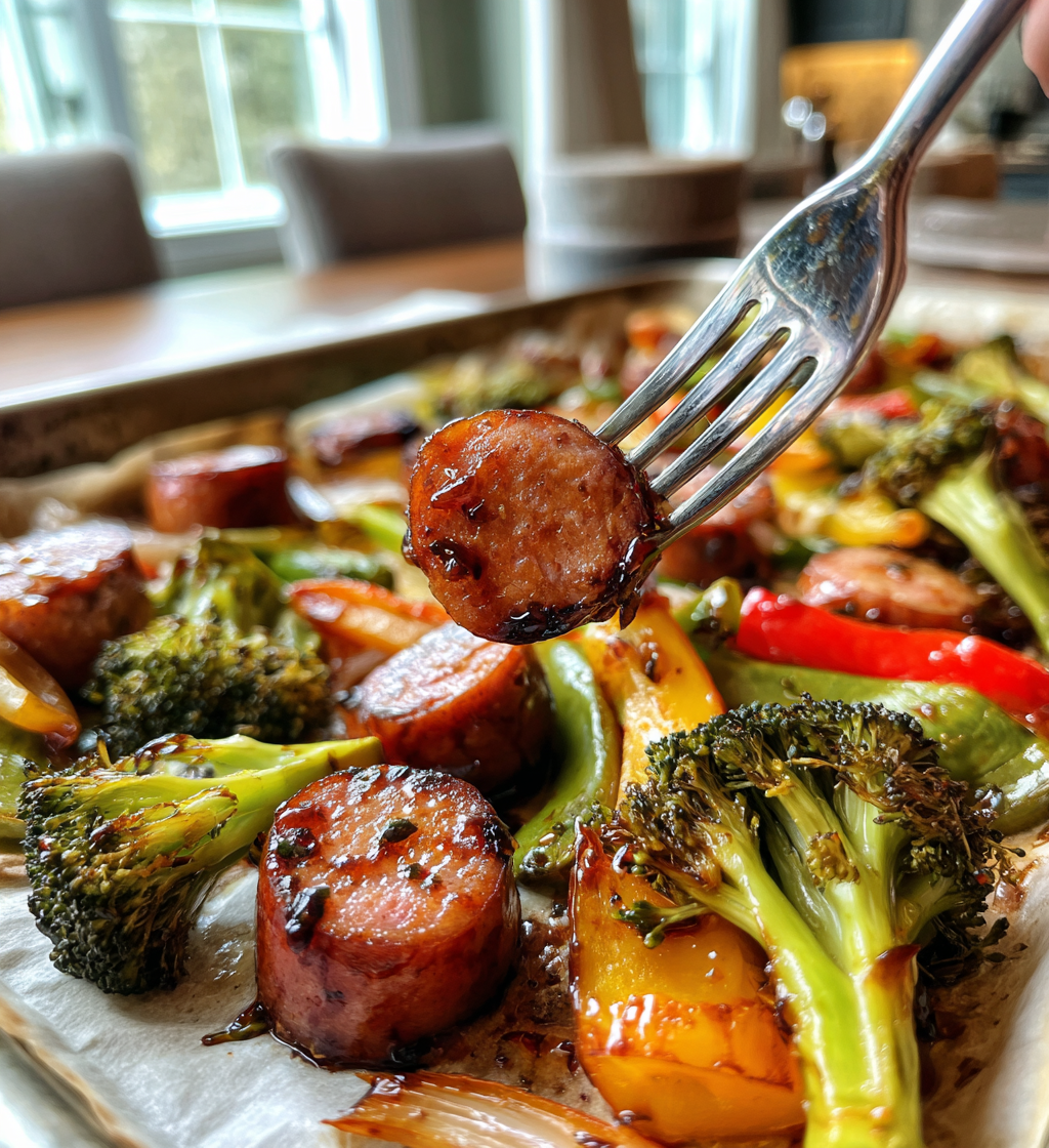 Sheet pan honey garlic kielbasa and roasted vegetables including broccoli and bell peppers.