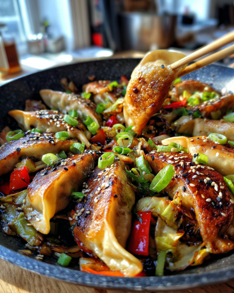 Pan of easy potsticker stir fry with vegetables and sesame seeds, lifted by chopsticks.