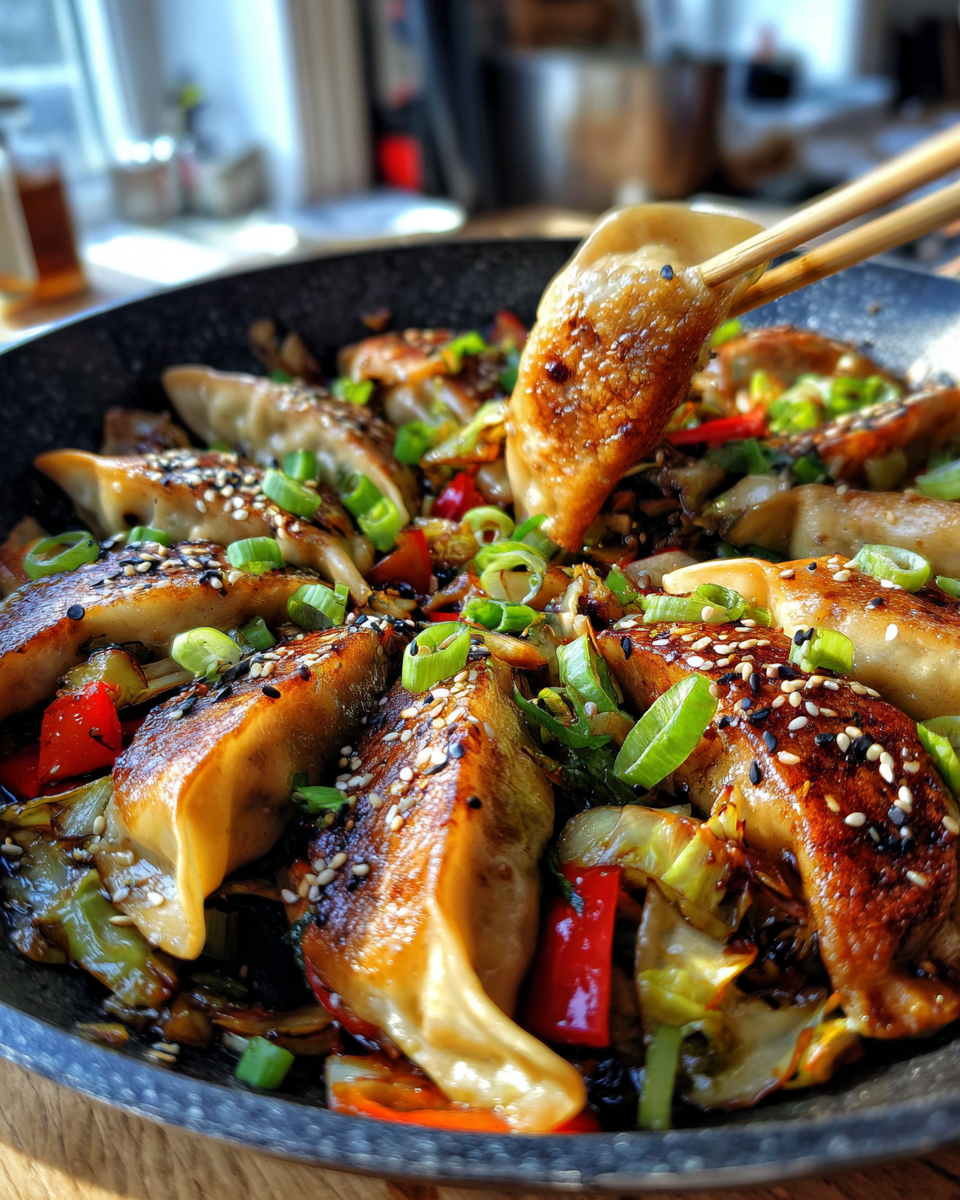 Pan of easy potsticker stir fry with vegetables and sesame seeds, lifted by chopsticks.