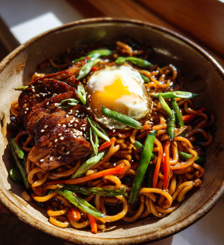 Easy 15-minute ramen noodle bowl with glazed meat, a fried egg, and fresh vegetables.