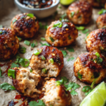 Easy Thai baked chicken meatballs served with dipping sauce, cilantro, and lime wedges.