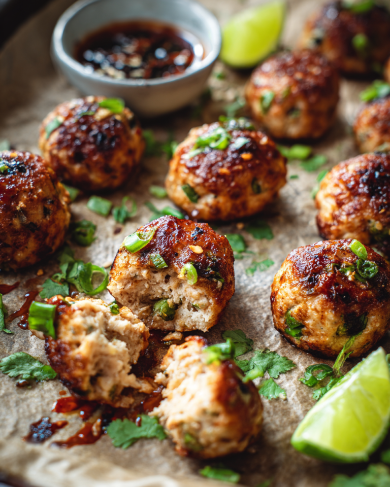 Easy Thai baked chicken meatballs served with dipping sauce, cilantro, and lime wedges.
