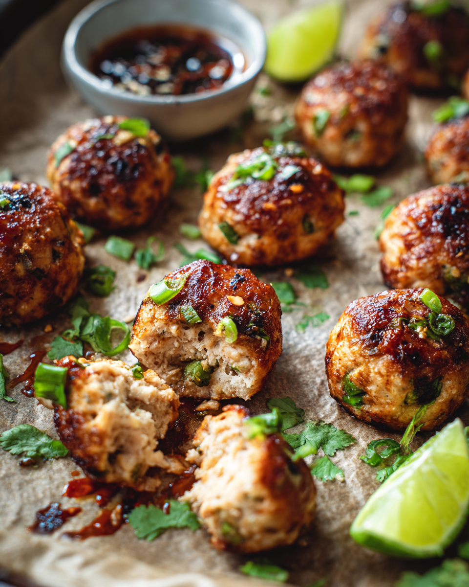 Easy Thai baked chicken meatballs served with dipping sauce, cilantro, and lime wedges.