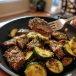 Pan-seared garlic butter steak bites and sautéed zucchini slices seasoned with fresh herbs.