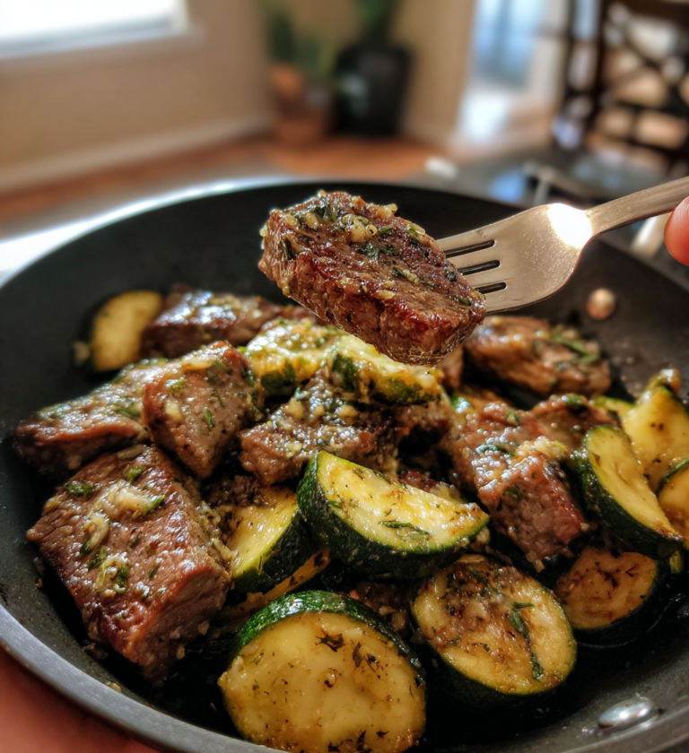 Pan-seared garlic butter steak bites and sautéed zucchini slices seasoned with fresh herbs.
