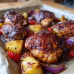 Roasted Hawaiian chicken sheet pan dinner with pineapple, red onions, and red peppers.