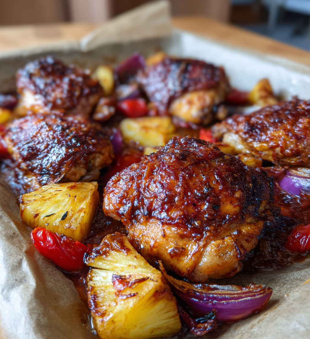 Roasted Hawaiian chicken sheet pan dinner with pineapple, red onions, and red peppers.