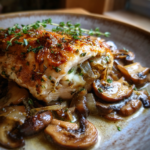 Healthy mushroom stuffed chicken breast garnished with fresh thyme and served with sautéed mushrooms.