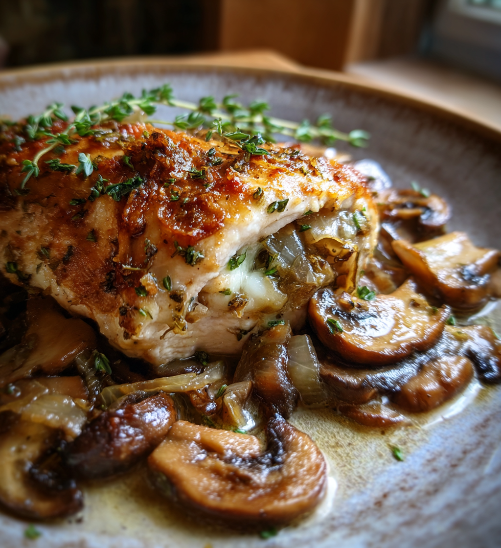 Healthy mushroom stuffed chicken breast garnished with fresh thyme and served with sautéed mushrooms.