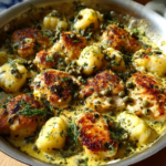 Creamy one-pot lemon chicken and gnocchi skillet with capers and fresh dill.