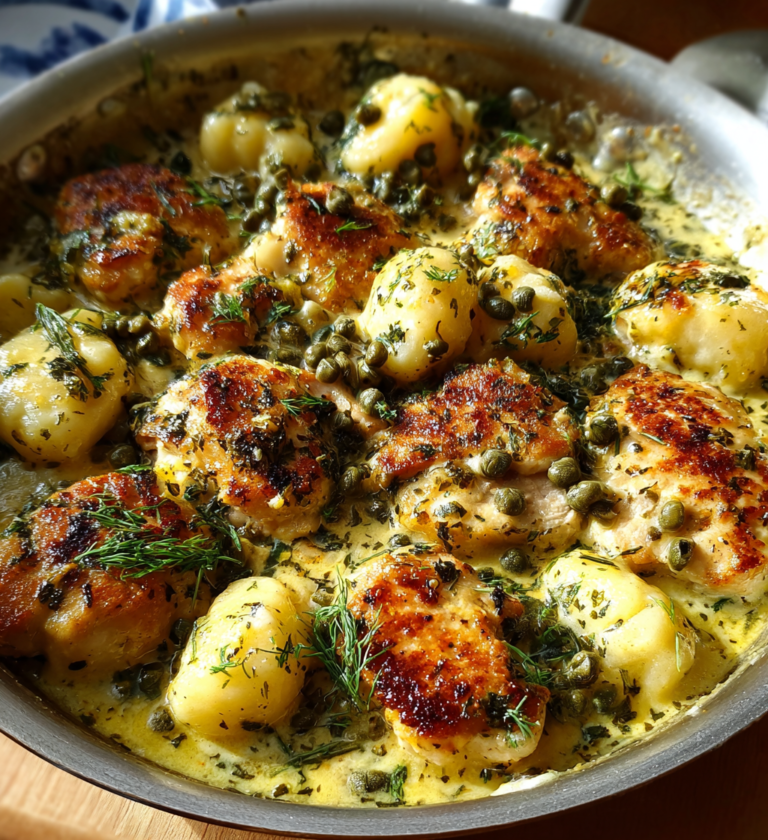 Creamy one-pot lemon chicken and gnocchi skillet with capers and fresh dill.