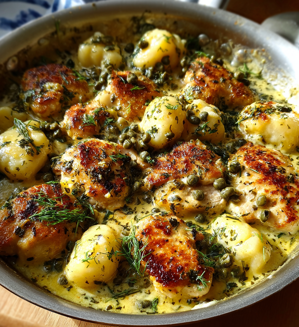 Creamy one-pot lemon chicken and gnocchi skillet with capers and fresh dill.