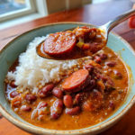 Hearty Louisiana red beans and rice with sliced andouille sausage and white rice.