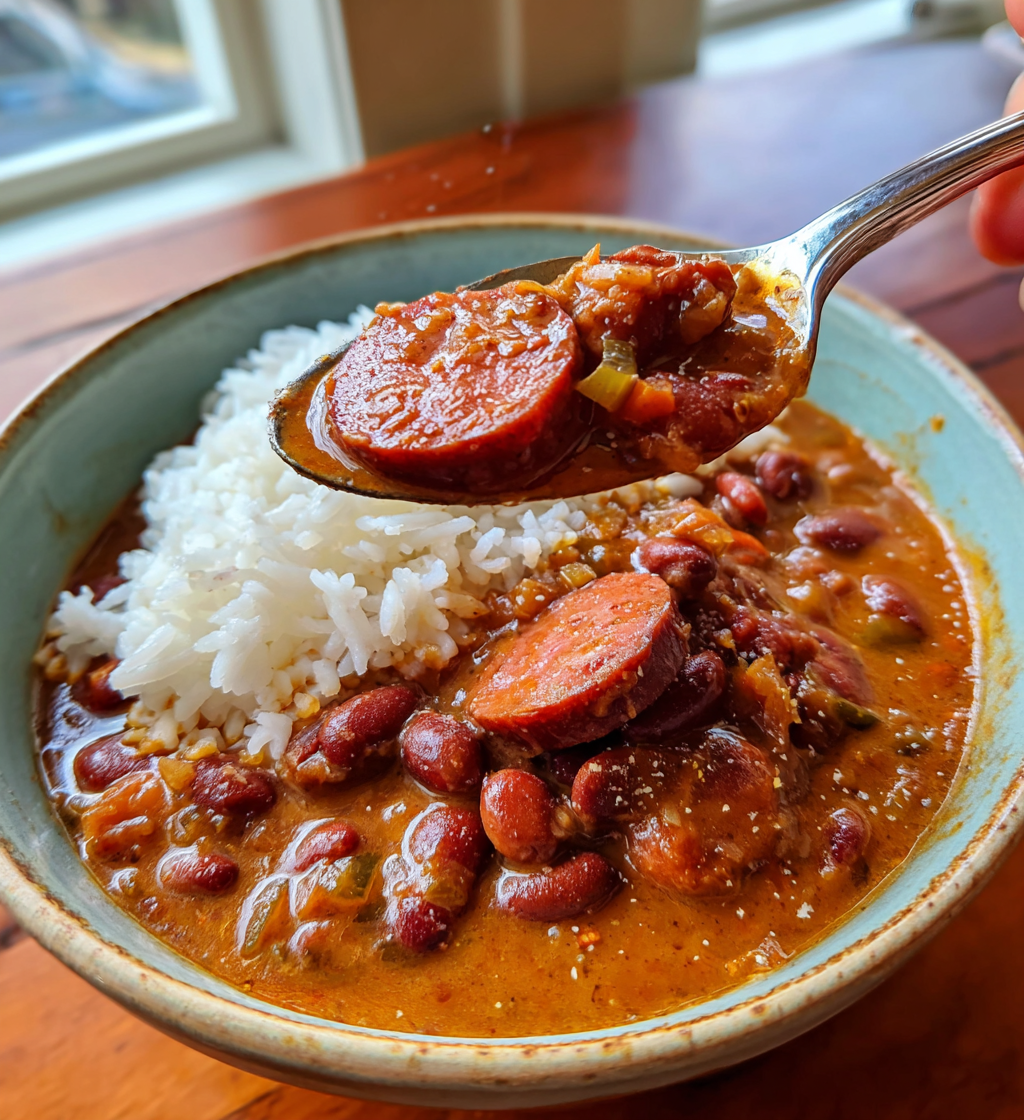 Hearty Louisiana red beans and rice with sliced andouille sausage and white rice.