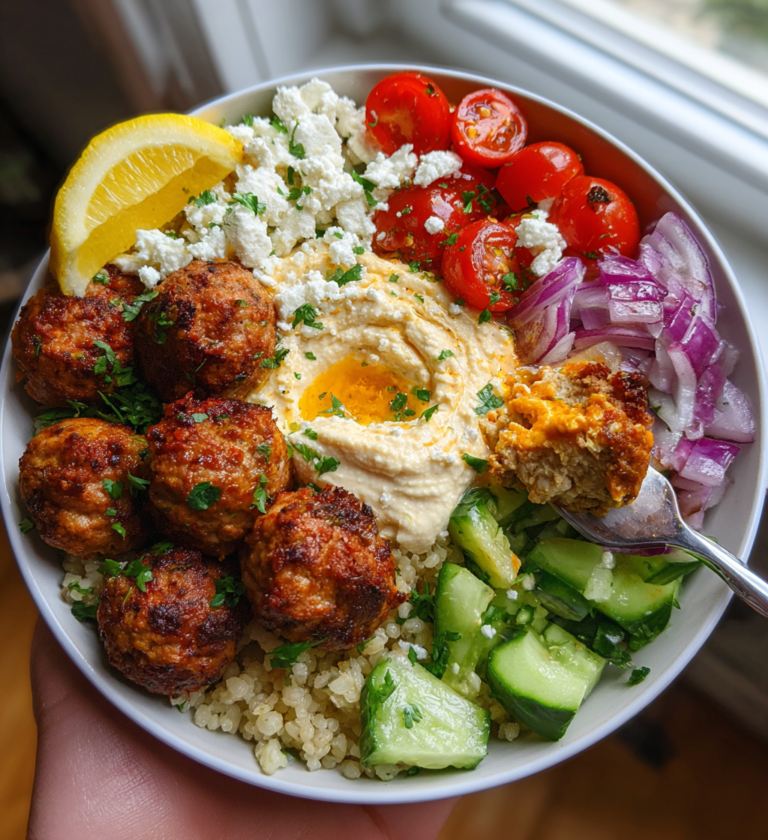 Healthy Mediterranean chicken meatball bowl with hummus, feta, tomatoes, cucumber, and quinoa base.