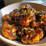 Roasted Moroccan cauliflower with a tahini honey glaze, fresh herbs, and sesame seeds.