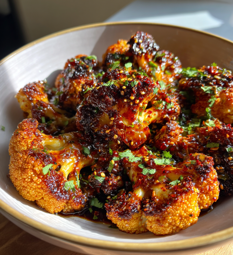 Roasted Moroccan cauliflower with a tahini honey glaze, fresh herbs, and sesame seeds.
