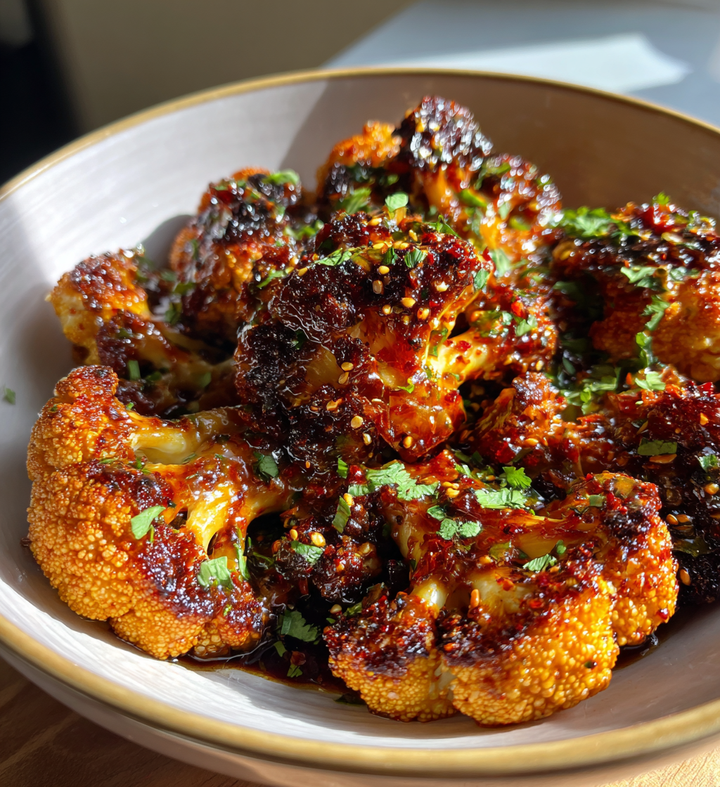 Roasted Moroccan cauliflower with a tahini honey glaze, fresh herbs, and sesame seeds.
